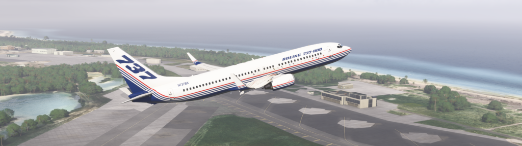 Image of PMDG 737-800 N737X in Boeing house colors departing Wake Island.